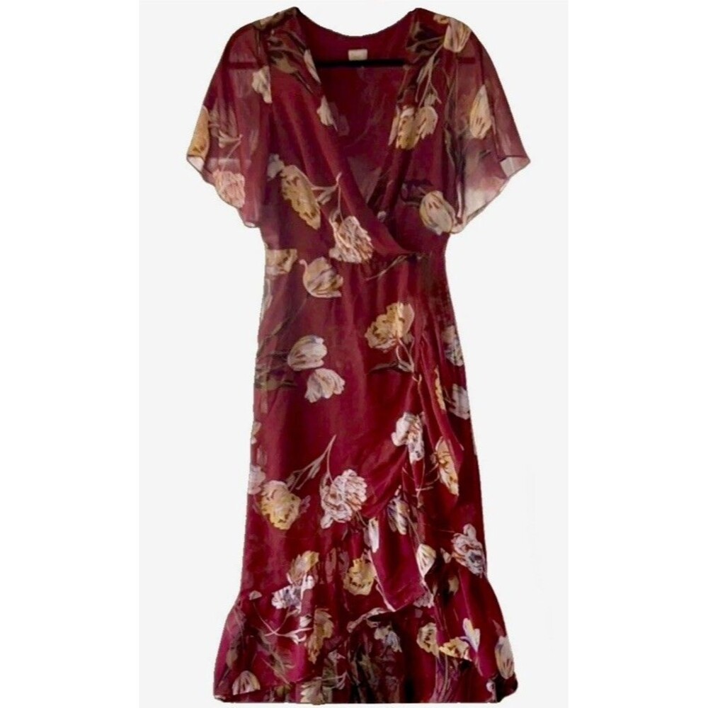 A New Day Dress Women S Burgundy Floral Midi cottage Tie Ruffle coquette